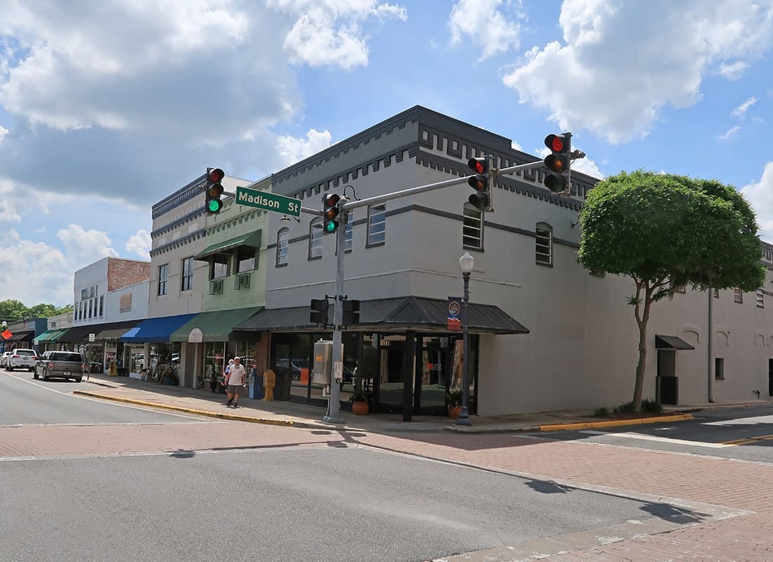 Lake City, FL - Views of Restaurants and Small Shops in Downtown Lake City Florida on a Sunny Day